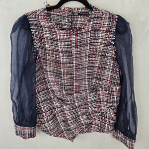 Zara Tweed Organza‎ Plaid Blouse Sheer Puff Sleeve Top Large Red Navy 7901/736